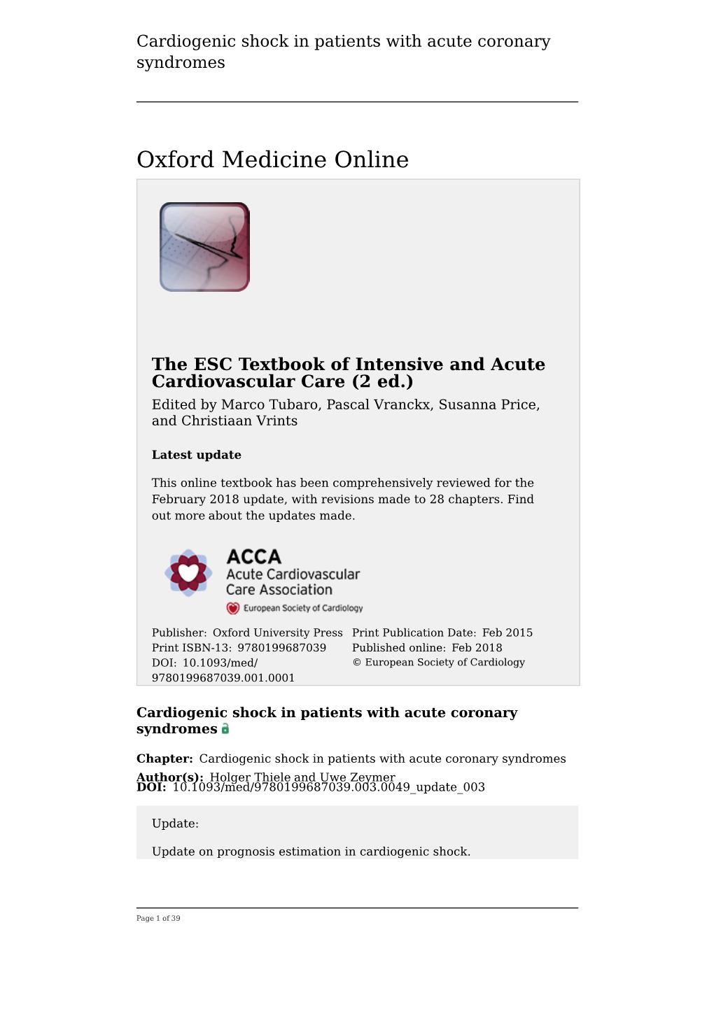 Cardiogenic Shock in Patients with Acute Coronary Syndromes