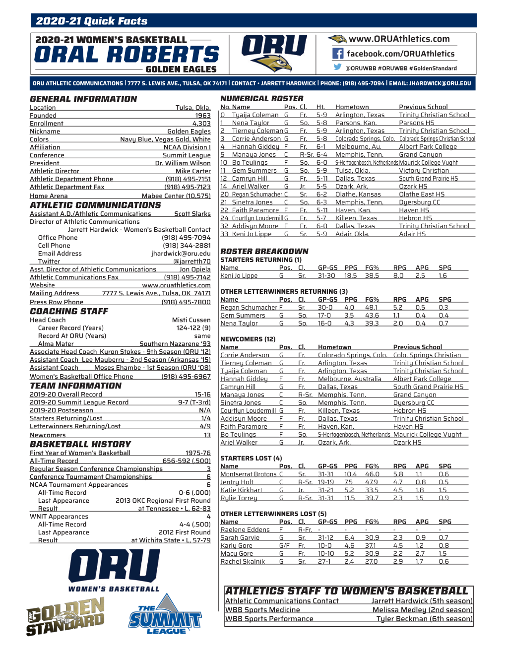 ORAL ROBERTS Facebook.Com/Oruathletics GOLDEN EAGLES @ORUWBB #ORUWBB #Goldenstandard ORU ATHLETIC COMMUNICATIONS | 7777 S