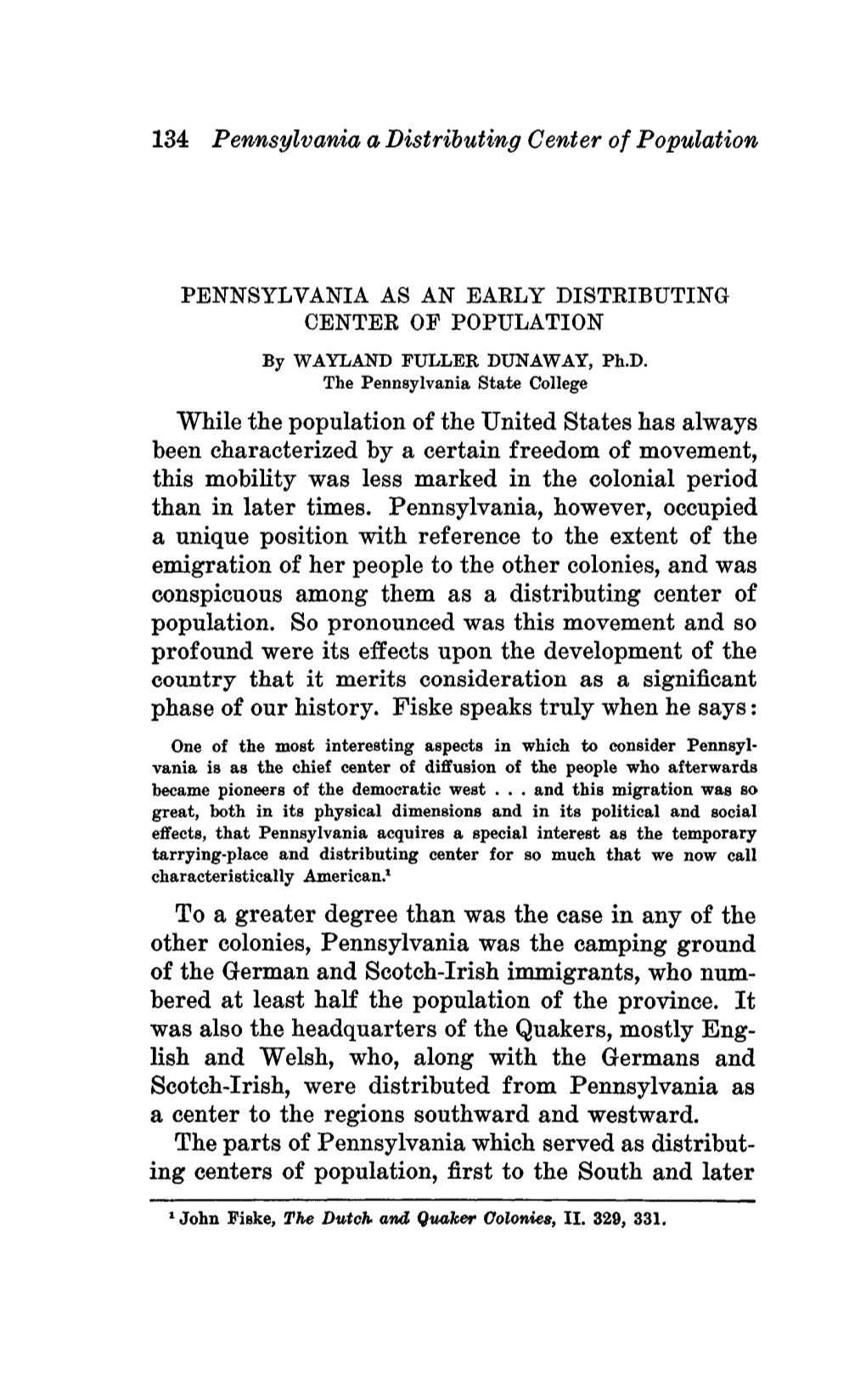 134 Pennsylvania a Distributing Center of Population