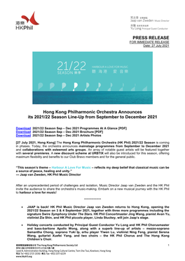 PRESS RELEASE Hong Kong Philharmonic Orchestra Announces