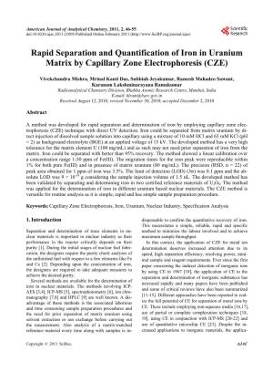 Rapid Separation and Quantification of Iron in Uranium Nuclear Matrix by Capillary Zone Electrophoresis (CZE)