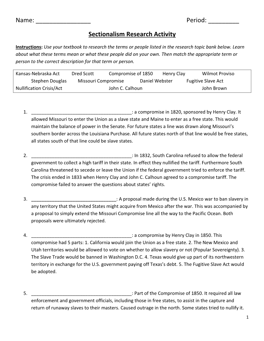 Sectionalism Research Activity