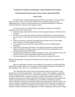 Invitation for Comment on the Biogenic Carbon Emissions Panel Nominees Environmental Protection Agency Science Advisory Board St
