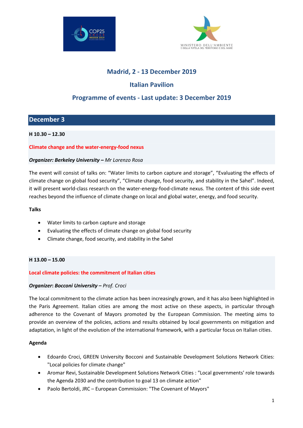 Madrid, 2 - 13 December 2019 Italian Pavilion Programme of Events - Last Update: 3 December 2019