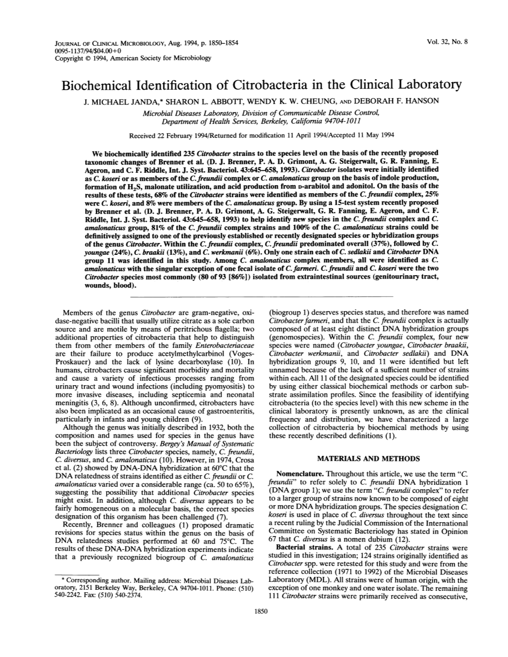 Biochemical Identification of Citrobacteria in the Clinical Laboratory J