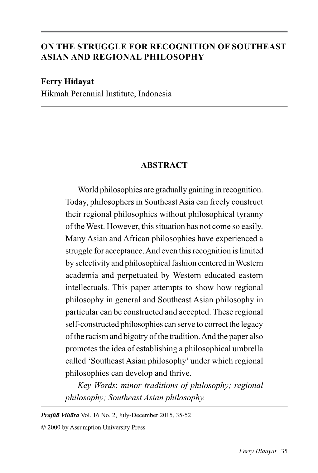 On the Struggle for Recognition of Southeast Asian and Regional Philosophy