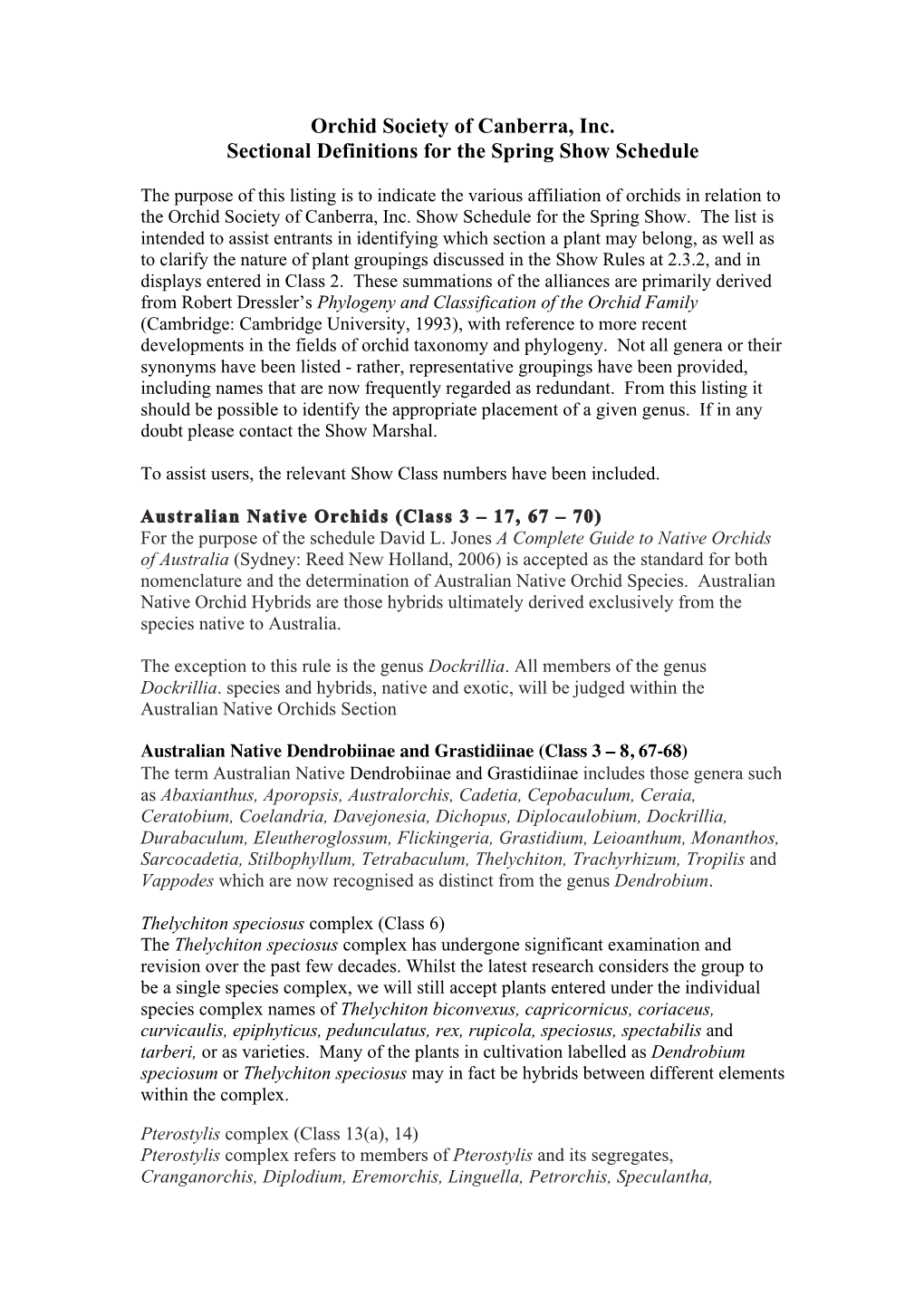 Orchid Society of Canberra, Inc. Sectional Definitions for the Spring Show Schedule