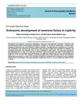 Embryonic Development of Anemone Fishes in Captivity