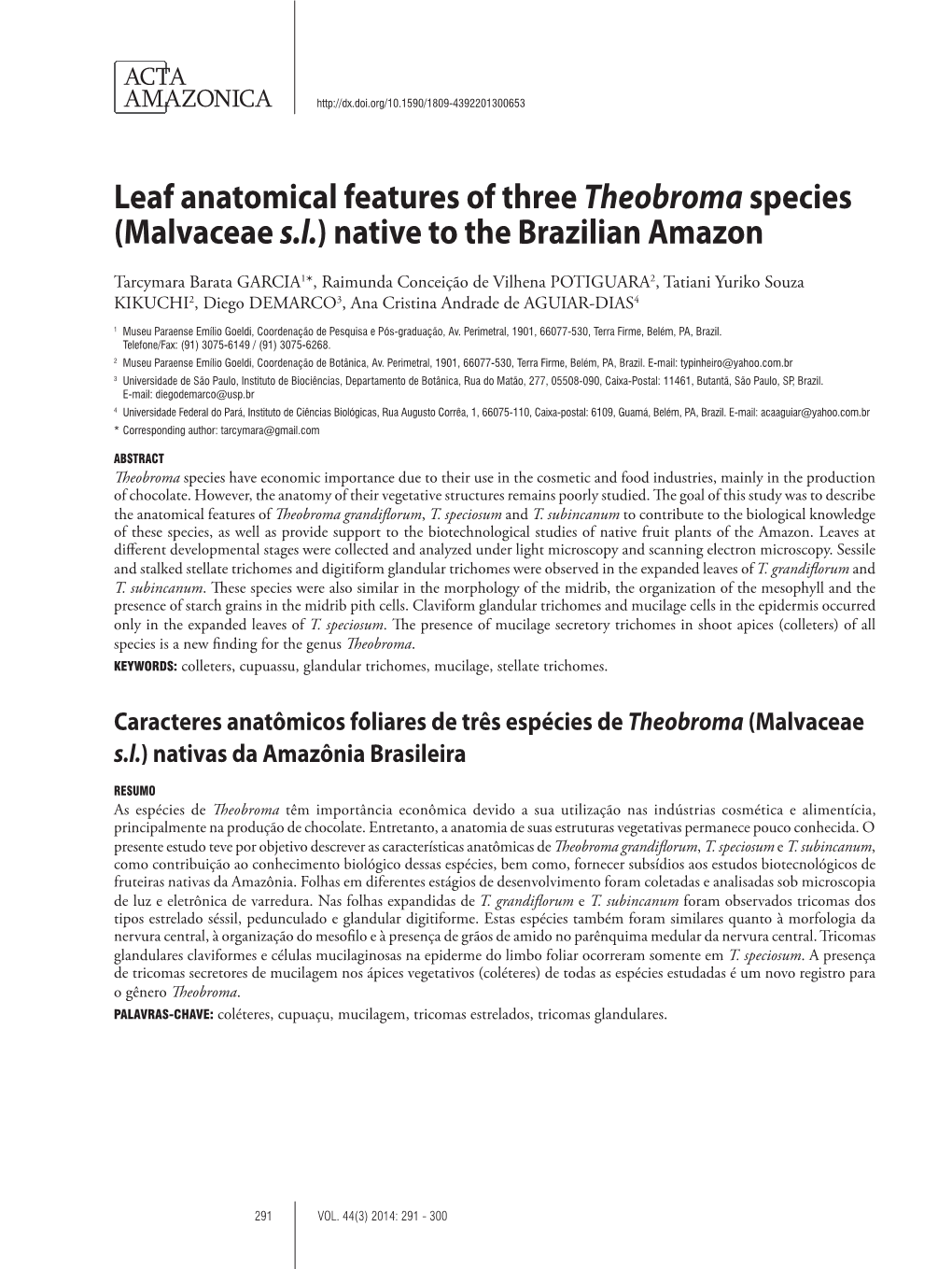 Leaf Anatomical Features of Three Theobromaspecies (Malvaceae