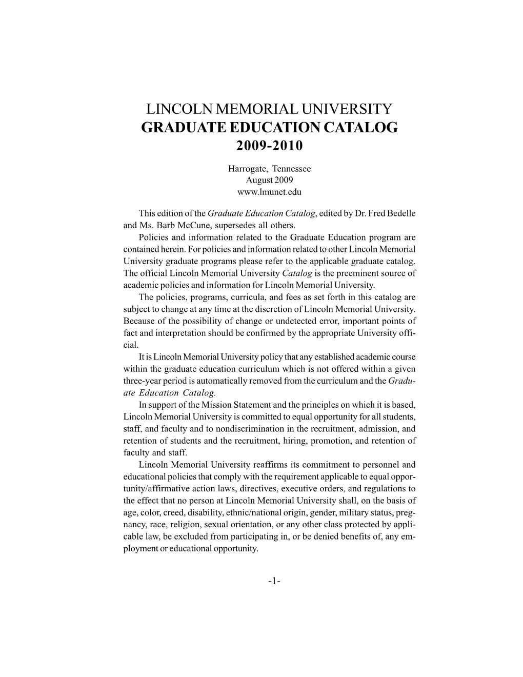 Lincoln Memorial University Graduate Education Catalog 2009-2010