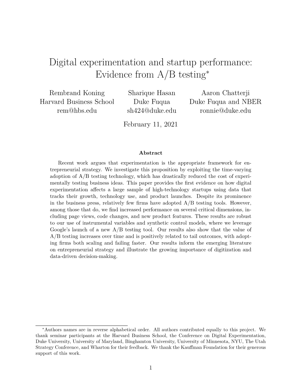 Digital Experimentation and Startup Performance: Evidence from A/B Testing∗