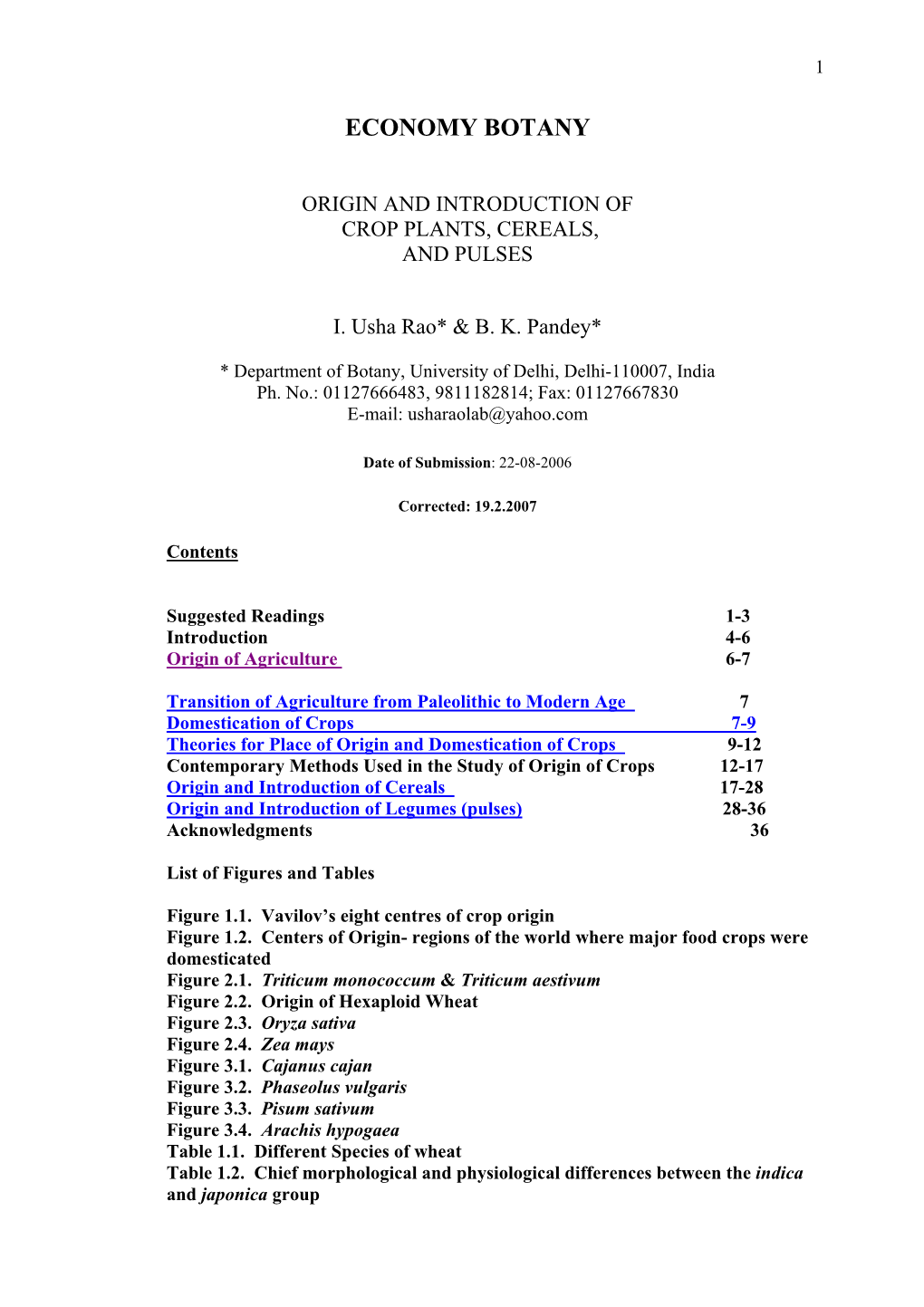 Origin and Introduction of Crop Plants, Cereals, and Pulses