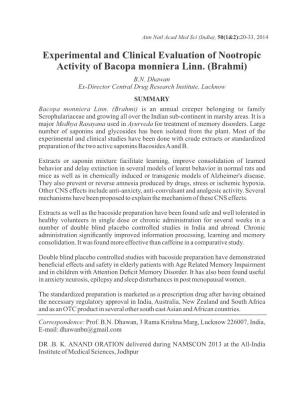 Experimental and Clinical Evaluation of Nootropic Activity of Bacopa Monniera Linn