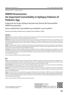 NREM Parasomnias: an Important Comorbidity in Epilepsy Patients of Pediatric Age Pediyatrik Yaş Grubu Epilepsi Hastalarında Önemli Bir Komorbidite: NREM Parasomnileri