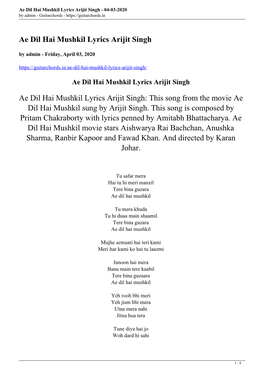 Ae Dil Hai Mushkil Lyrics Arijit Singh - 04-03-2020 by Admin - Guitarchords