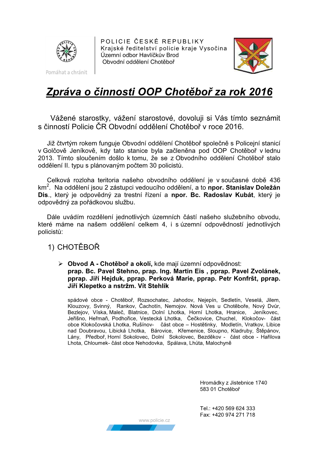 OOP Chotěboř Za Rok 2016