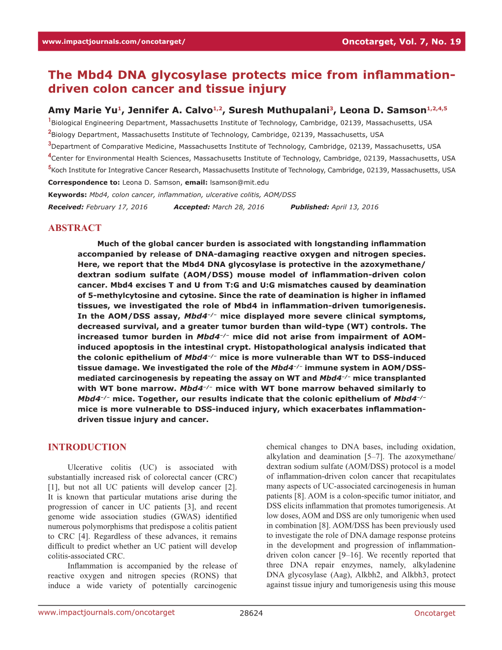 The Mbd4 DNA Glycosylase Protects Mice from Inflammation- Driven Colon Cancer and Tissue Injury