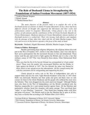 The Role of Deobandi Ulema in Strengthening the Foundations of Indian Freedom Movement (1857-1924)