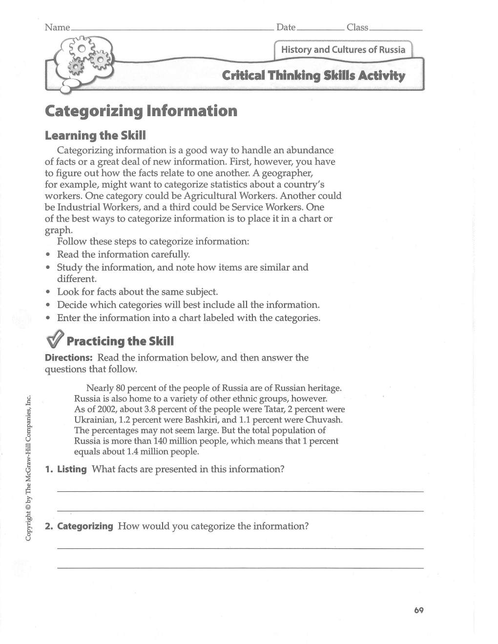 Critical Thinking Skills Activity Categorizing Information