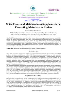 Silica Fume and Metakaolin As Supplementary Cementing Materials- a Review