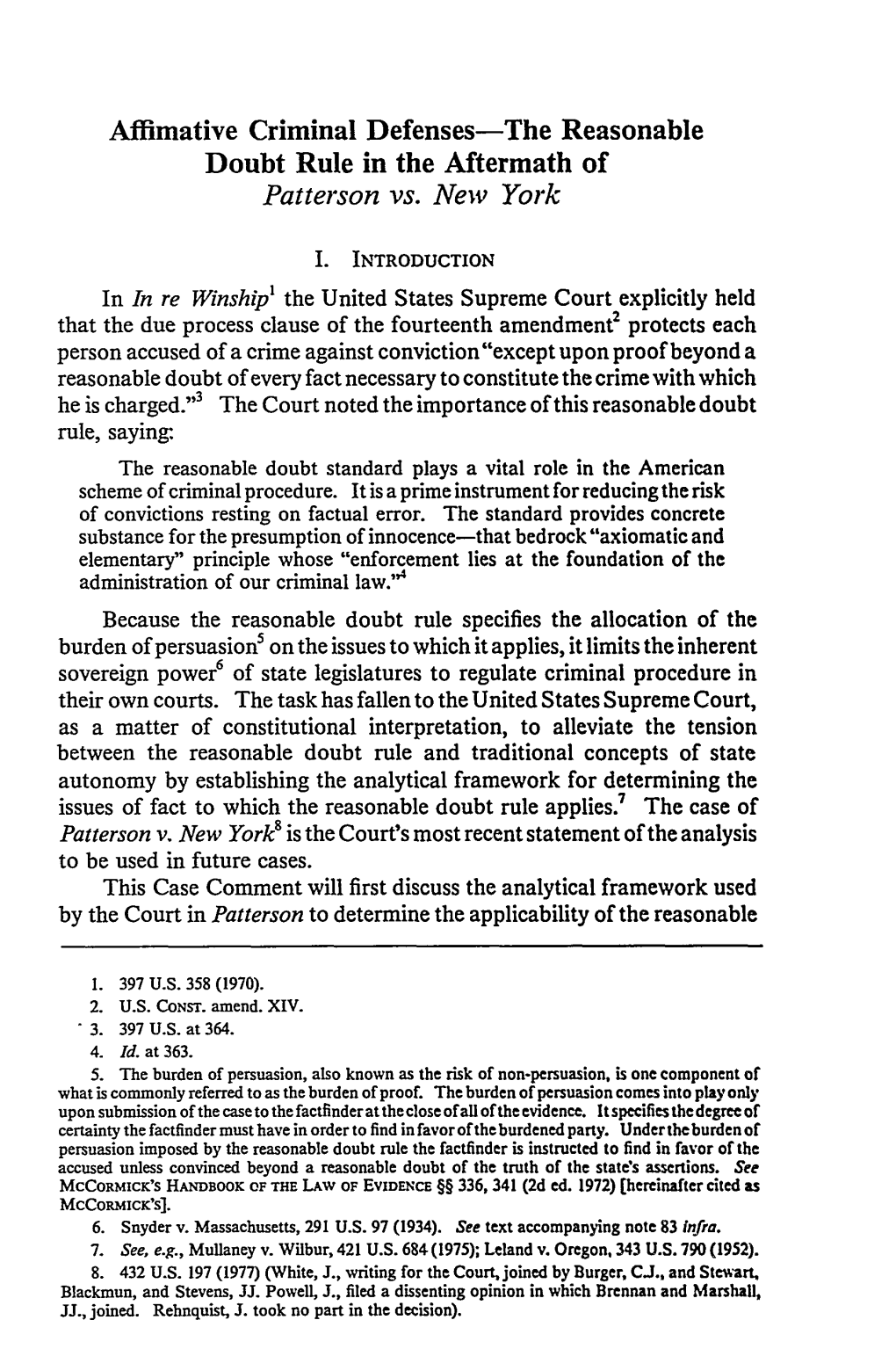 Affirmative Criminal Defenses--The Reasonable Doubt Rule in the Aftermath of Patterson Vs. New York