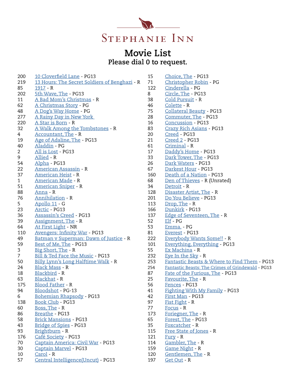 Movie List Please Dial 0 to Request