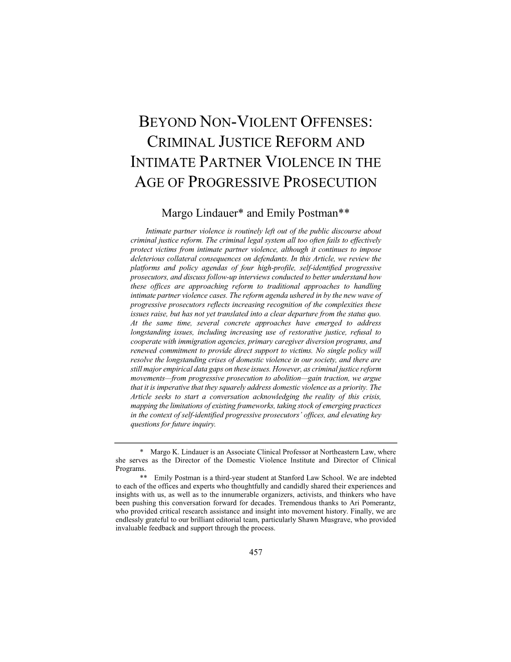 Beyond Non-Violent Offenses: Criminal Justice Reform and Intimate Partner Violence in the Age of Progressive Prosecution