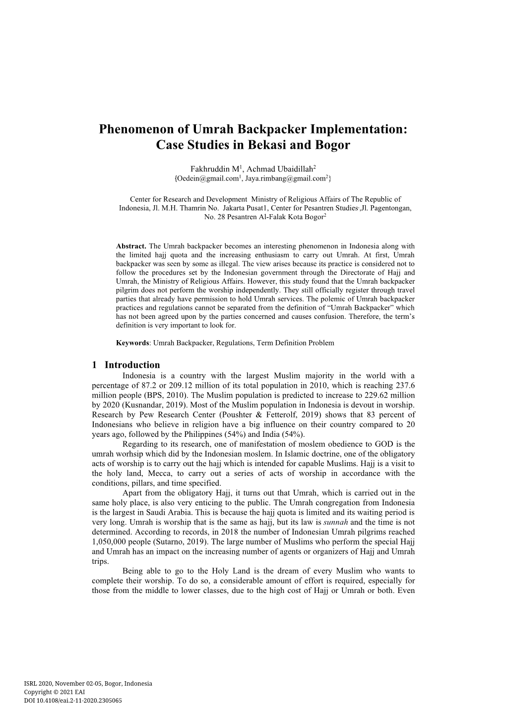 Phenomenon of Umrah Backpacker Implementation: Case Studies in Bekasi and Bogor