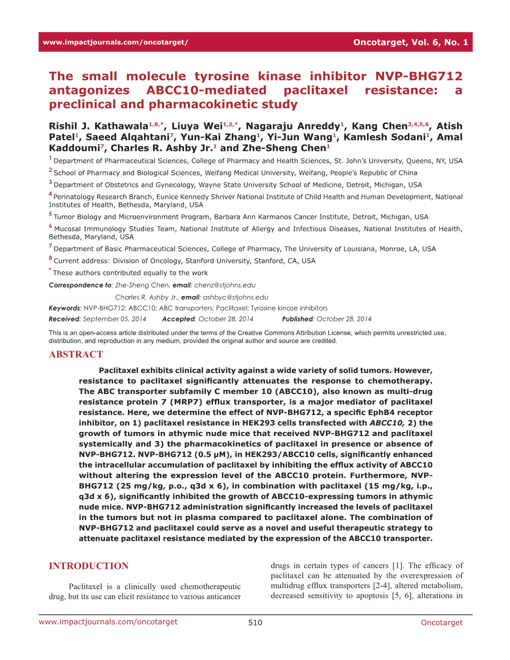 The Small Molecule Tyrosine Kinase Inhibitor NVP-BHG712 Antagonizes ABCC10-Mediated Paclitaxel Resistance: a Preclinical and Pharmacokinetic Study