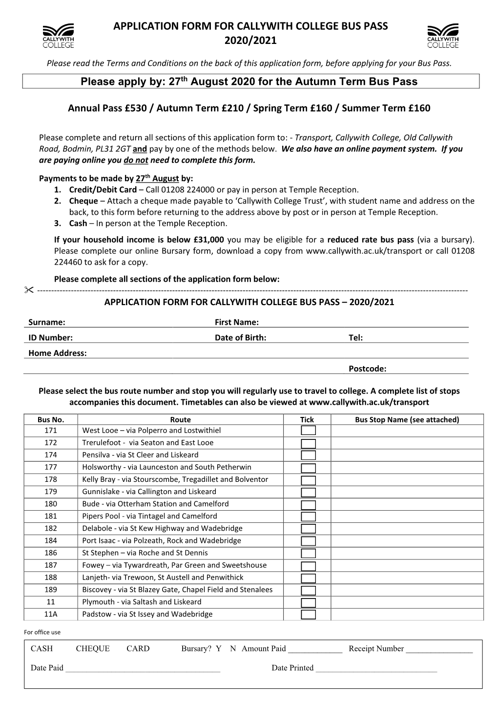 27Th August 2020 for the Autumn Term Bus Pass