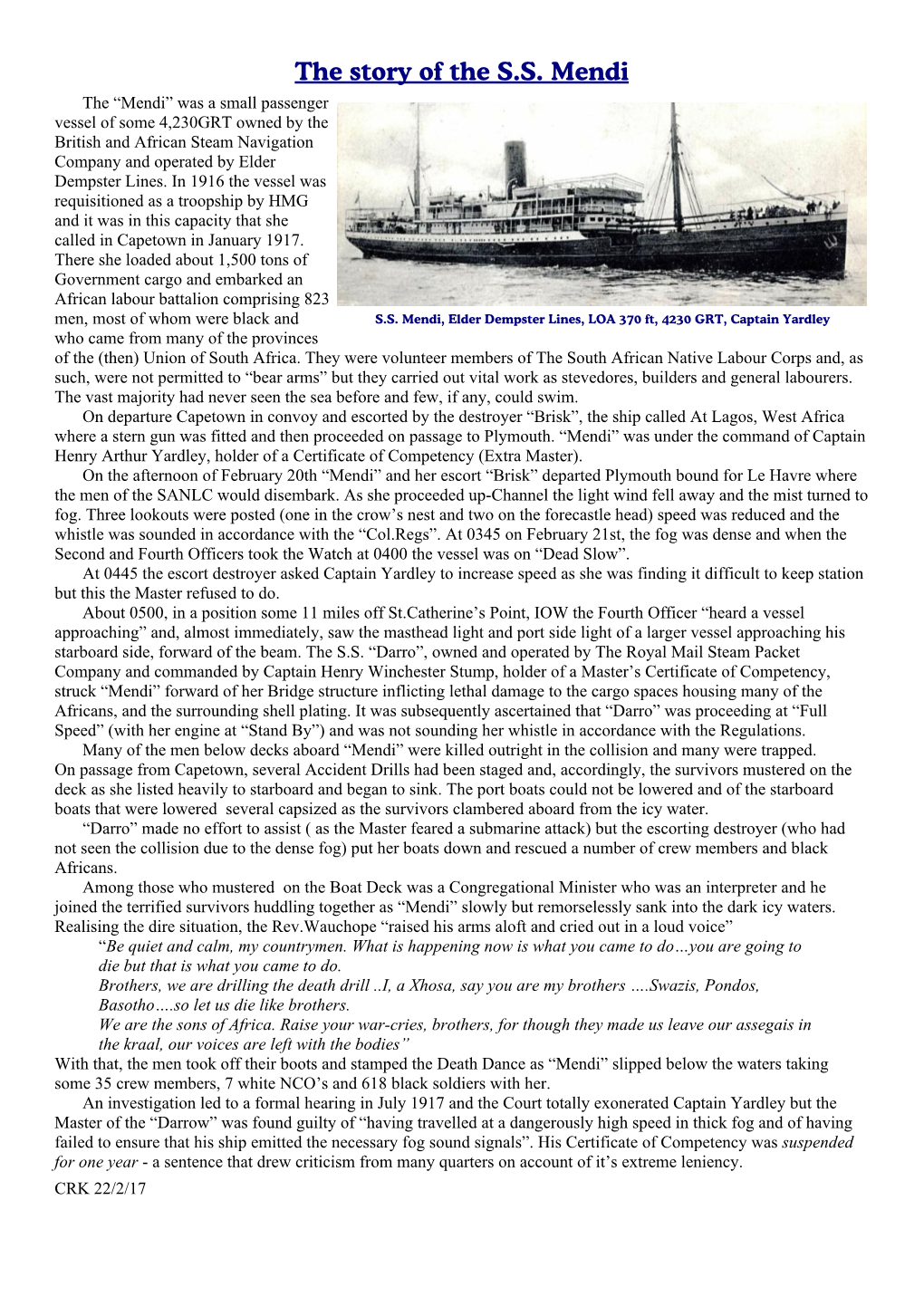 The Story of the S.S. Mendi