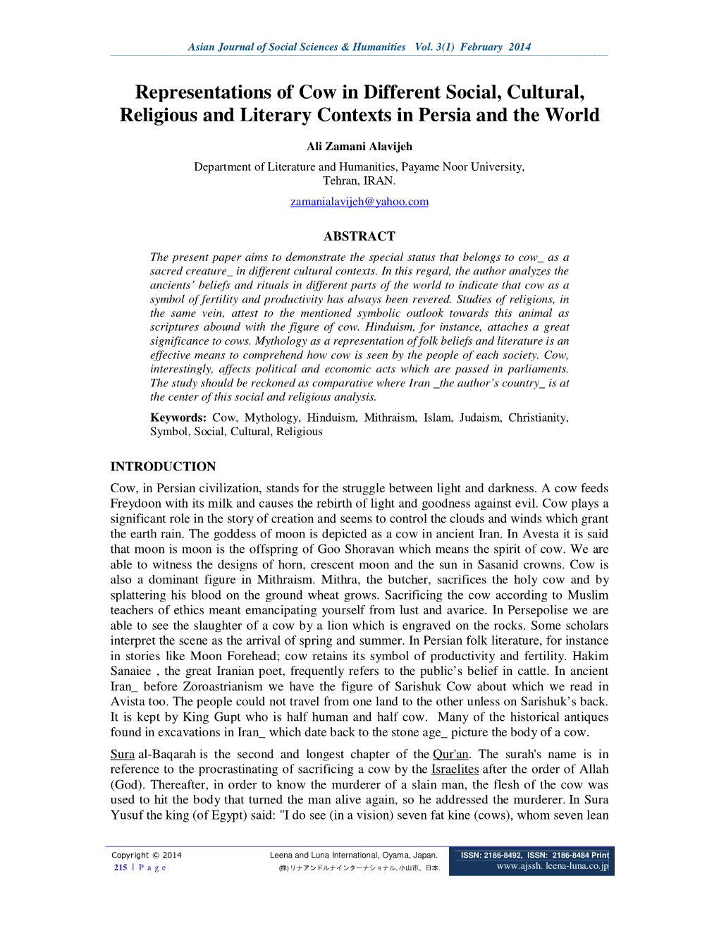 Representations of Cow in Different Social, Cultural, Religious and Literary Contexts in Persia and the World