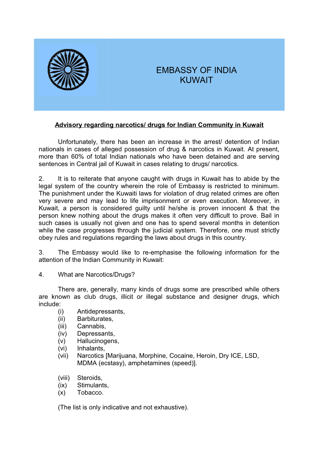 Advisory Regarding Narcotics/ Drugs for Indian Community in Kuwait