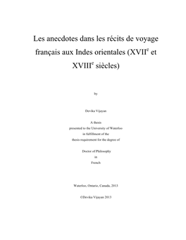 Les Anecdotes Dans Les Récits De Voyage Français Aux Indes Orientales (XVII Et XVIII Siècles)