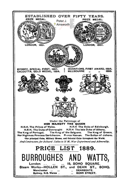 PRICE LIST 1889. BURROUGHES and WATTS, London 19, SOHO SQUARE