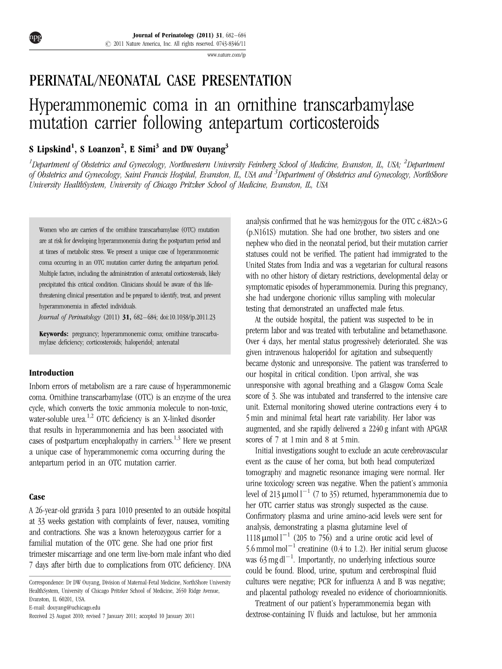 Hyperammonemic Coma in an Ornithine Transcarbamylase Mutation Carrier Following Antepartum Corticosteroids