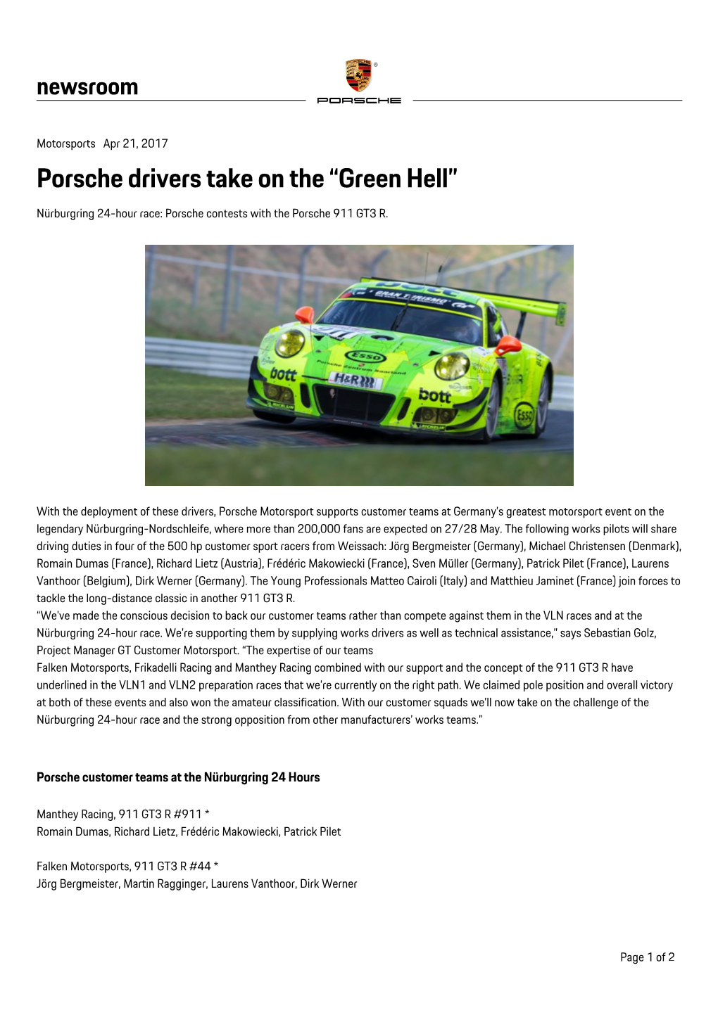 Porsche Drivers Take on the “Green Hell” Nürburgring 24-Hour Race: Porsche Contests with the Porsche 911 GT3 R