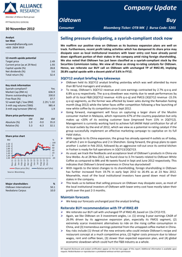 Company Update Company Update | Oldtown | 30 November 2012 (Member of Alliance Bank Group)