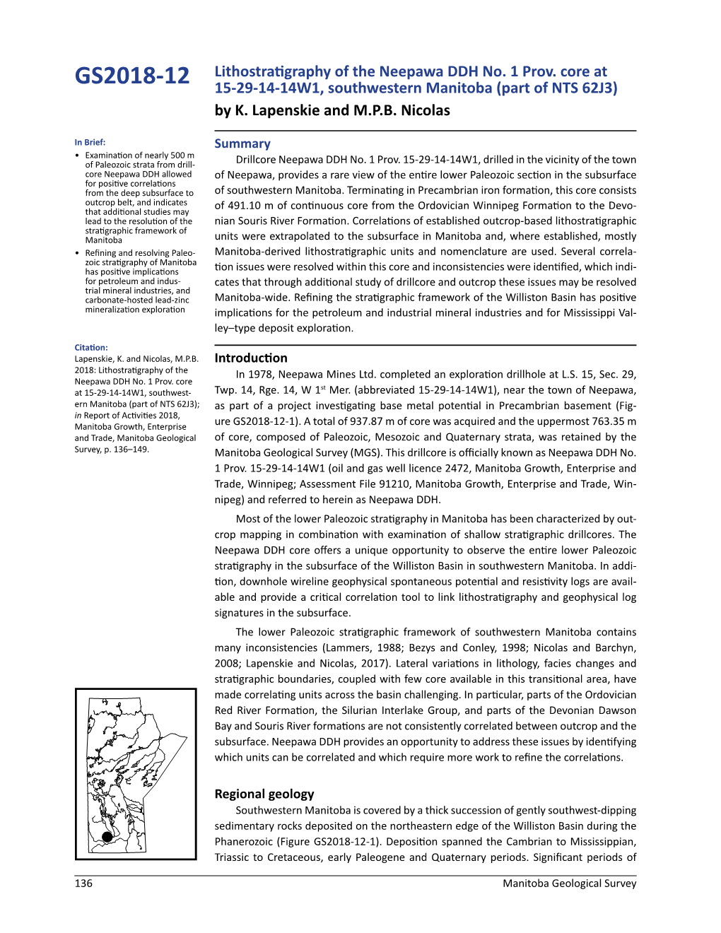 GS2018-12: Lithostratigraphy of the Neepawa DDH No. 1 Prov. Core At