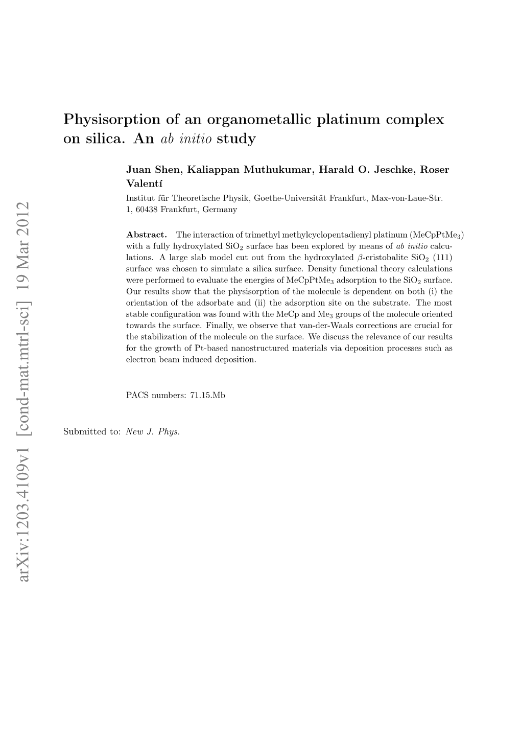 Physisorption of an Organometallic Platinum Complex on Silica. an Ab Initio Study