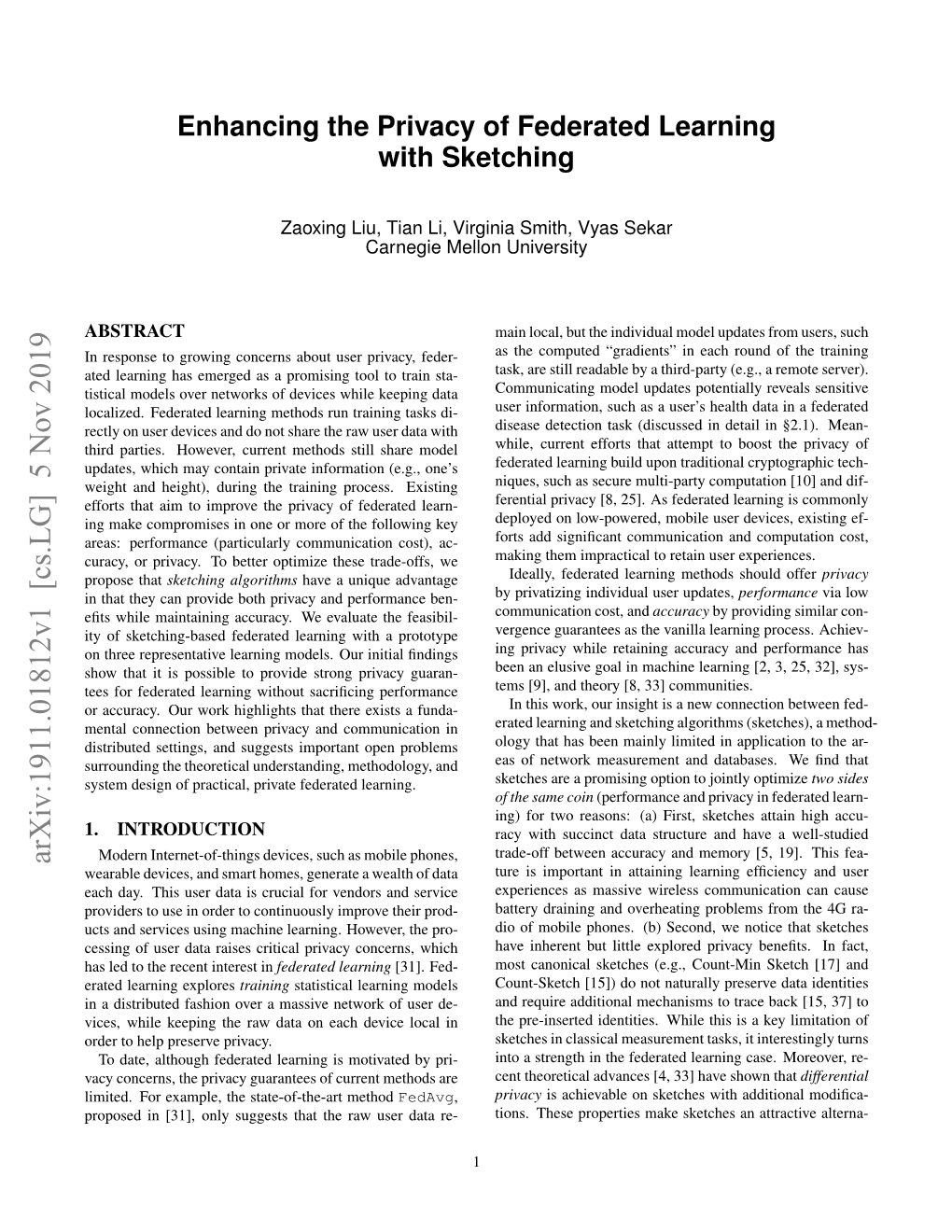 Enhancing the Privacy of Federated Learning with Sketching