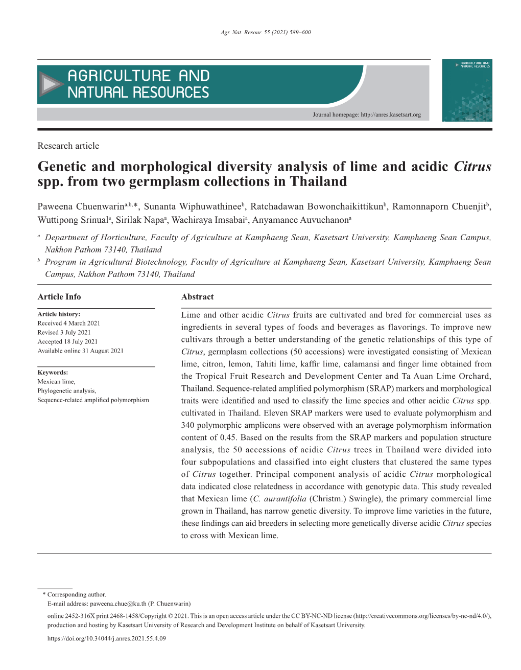 Genetic and Morphological Diversity Analysis of Lime and Acidic Citrus Spp