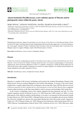 Adenia Barthelatii (Passifloraceae), a New Endemic Species of Mayotte and Its Phylogenetic Status Within the Genus Adenia