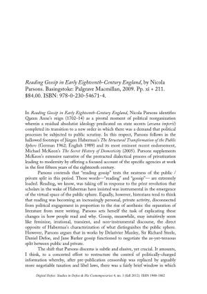 Reading Gossip in Early Eighteenth-Century England, by Nicola Parsons. Basingstoke: Palgrave Macmillan, 2009. Pp. Xi + 211. $84.00
