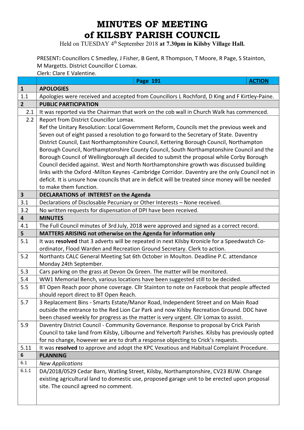 MINUTES of MEETING of KILSBY PARISH COUNCIL Held on TUESDAY 4Th September 2018 at 7.30Pm in Kilsby Village Hall