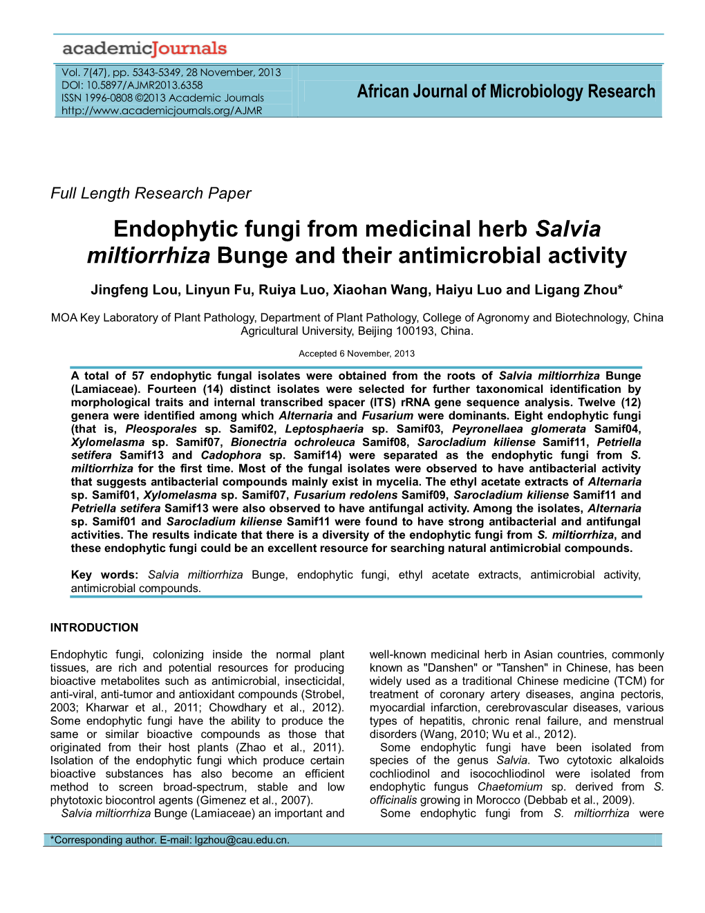 Endophytic Fungi from Medicinal Herb Salvia Miltiorrhiza Bunge and Their Antimicrobial Activity