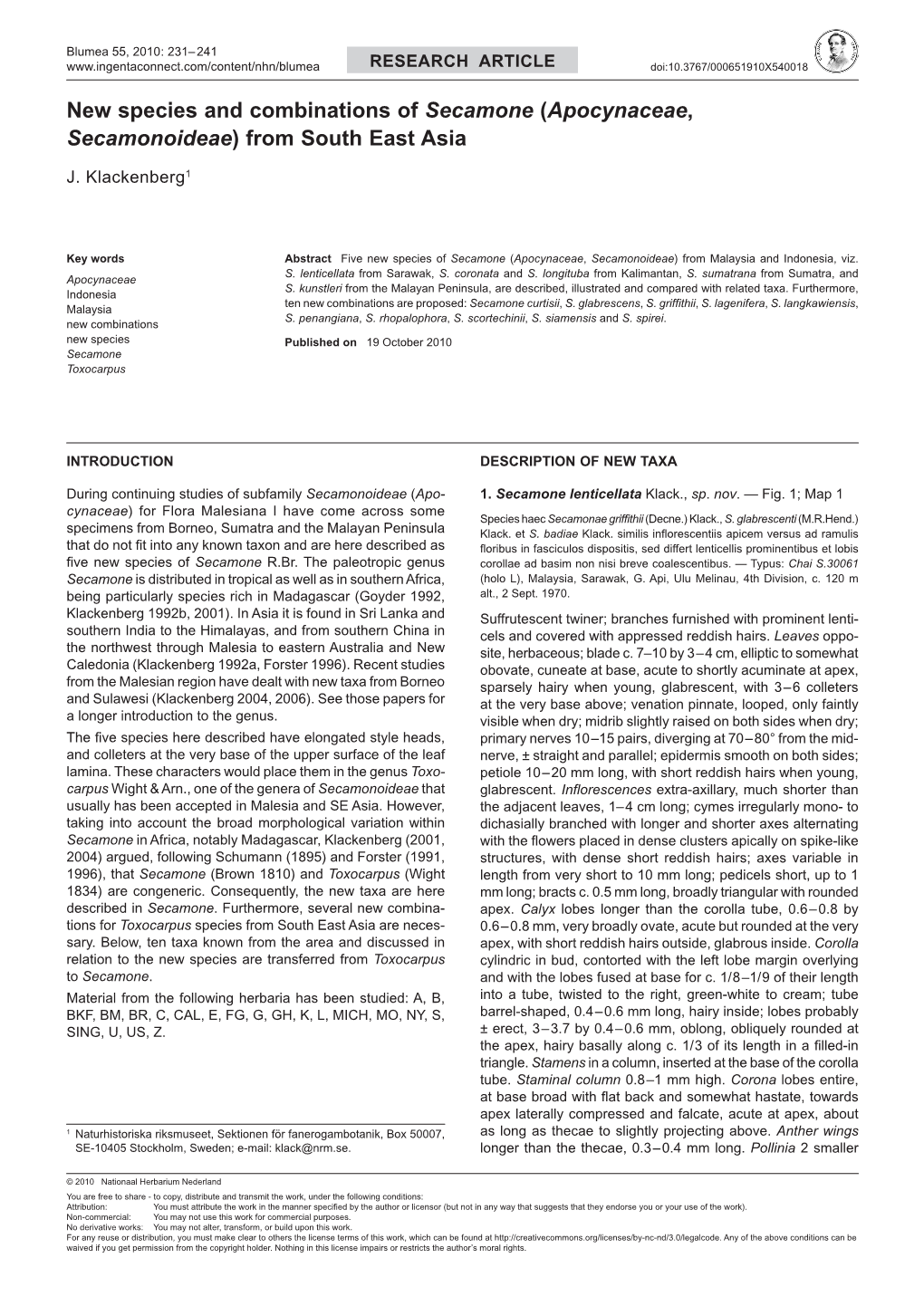 New Species and Combinations of Secamone (Apocynaceae, Secamonoideae) from South East Asia