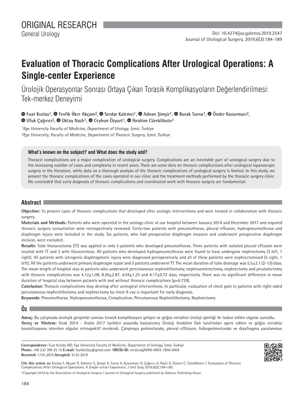 Evaluation of Thoracic Complications After Urological Operations: A