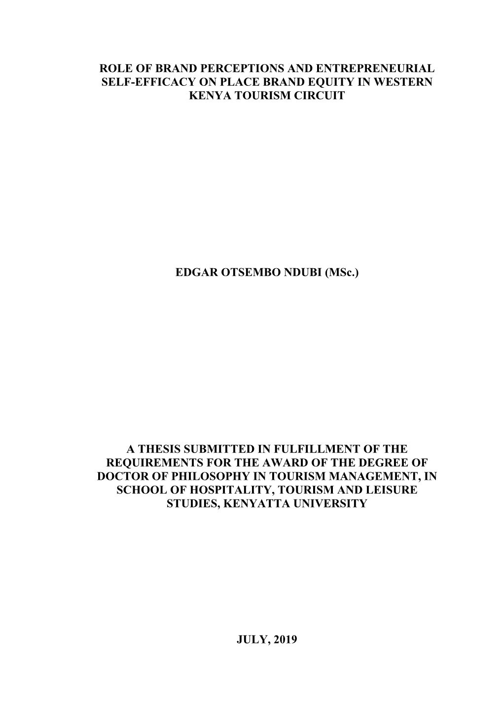 Role of Brand Perceptions and Entrepreneurial Self-Efficacy on Place Brand Equity in Western Kenya Tourism Circuit