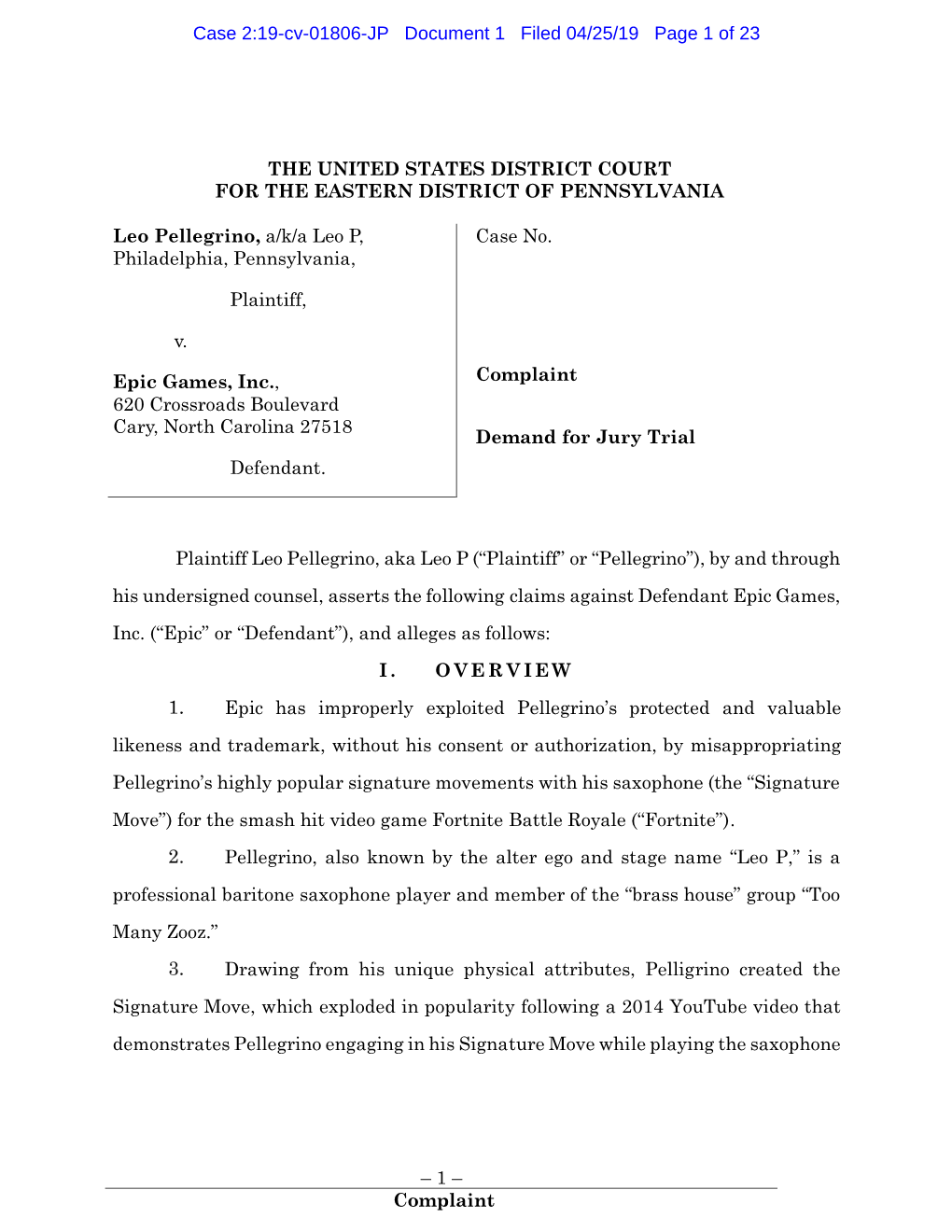 PELLEGRINO V. EPIC GAMES, INC., Docket No